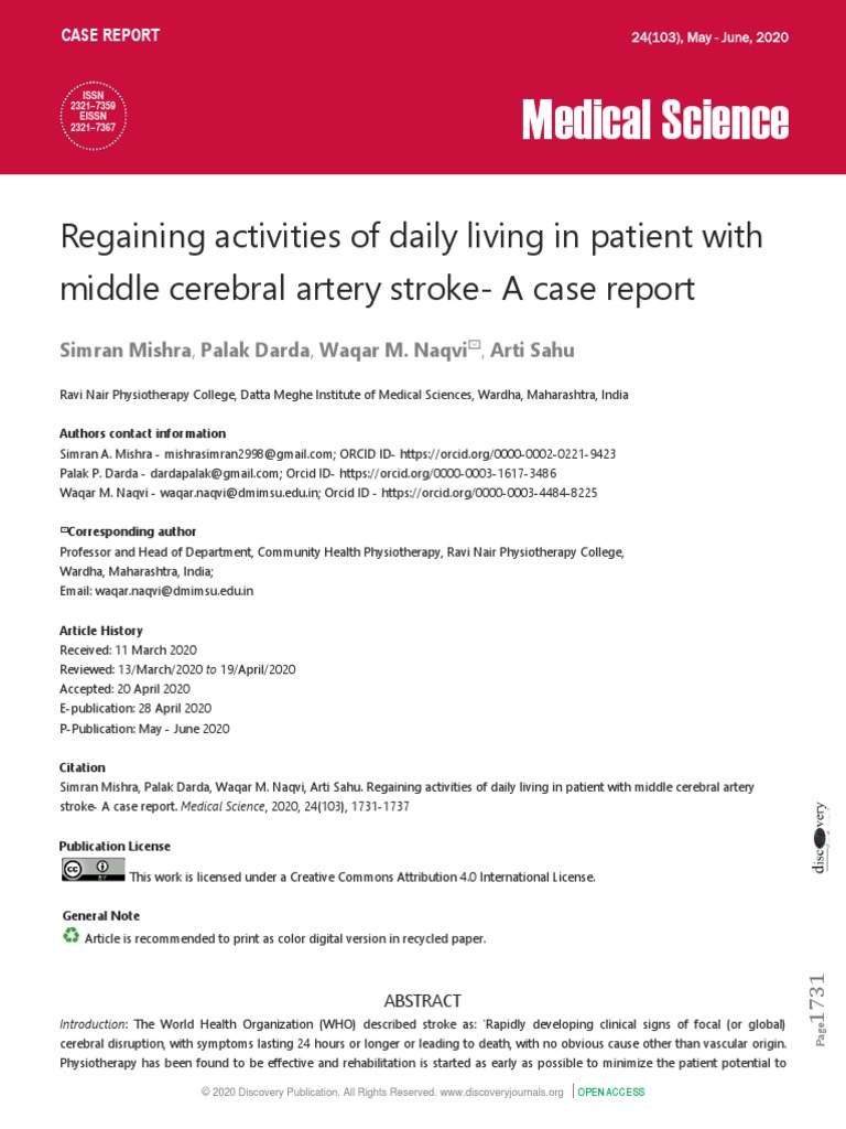 Regaining activities of daily living in patient with middle cerebral