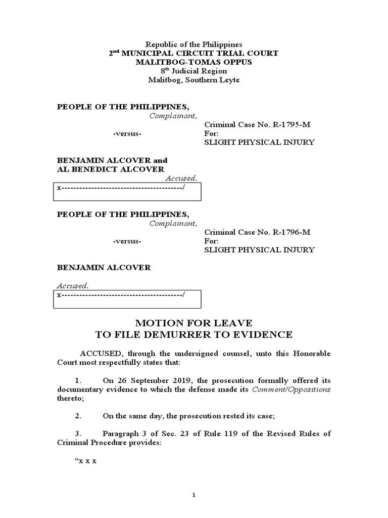Leave of Court To File Demurrer Alcover PDF Leave of Court To File Demurrer Alcover PDF