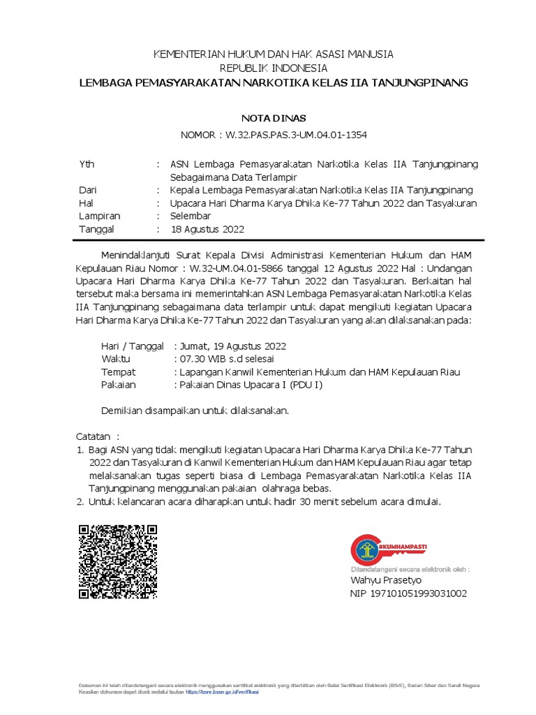 Nota Dinas Upacara Dan Tasyakuran Peringatan HDKD Ke 77 Tahun 2022 | PDF