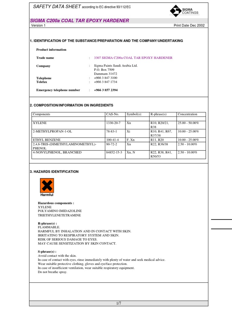 10.12.2022 3307 SIGMA C200a COALTAR EPOXY HARDENER PDF Personal