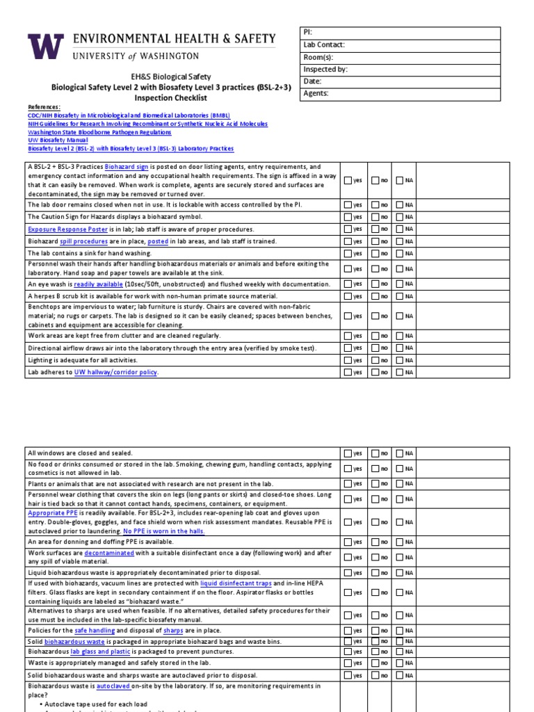 BSL-2/3 Laboratory Inspection Checklist | PDF | Laboratories | Safety