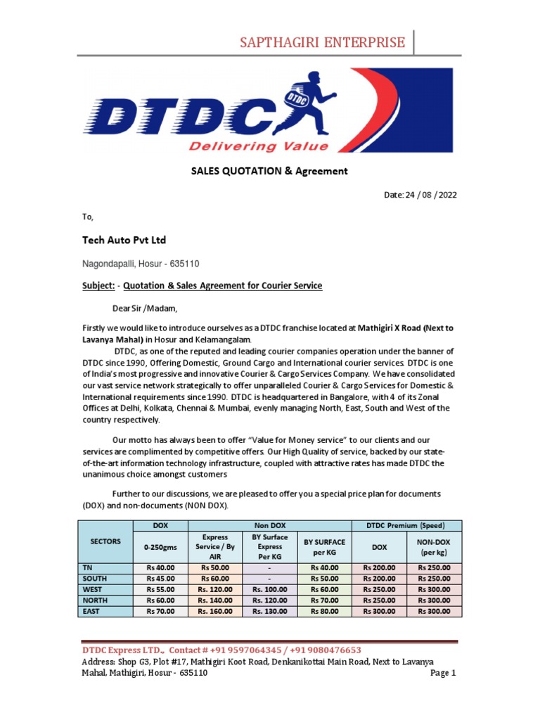 DTDC Courier Service Quotation for Tech Auto | PDF