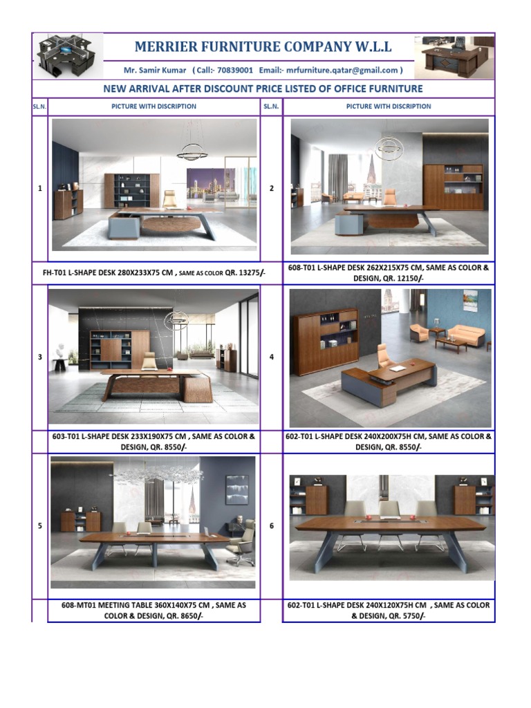 Contact Name Mr. Samir Kumar "Merrier Furniture Company" Office Desk Price List Doha