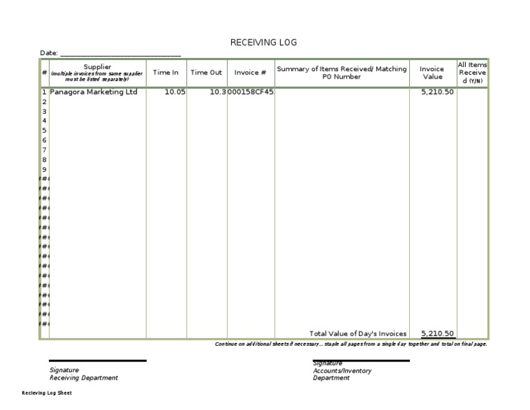Receiving Log Book PDF