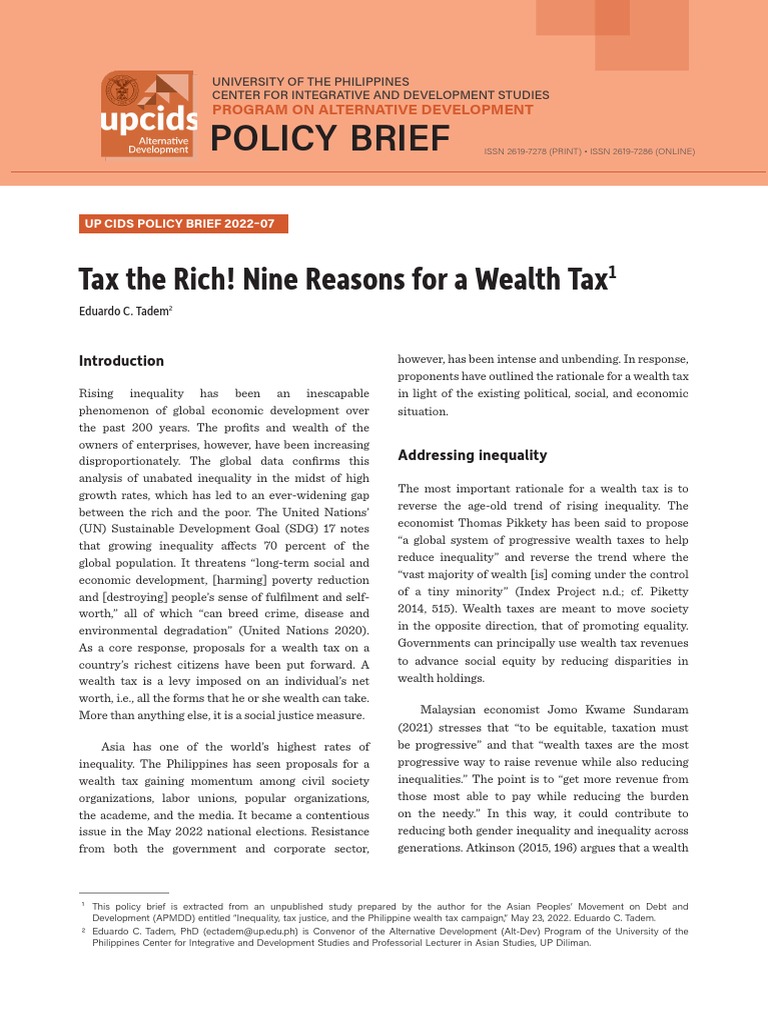 Tax The Rich Nine Reasons For A Wealth Tax Pdf Economic Inequality