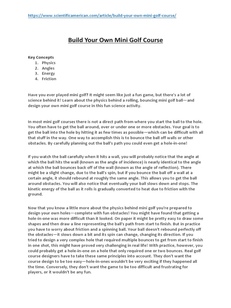Design Your Own Mini Golf Course | PDF | Friction | Golf Course
