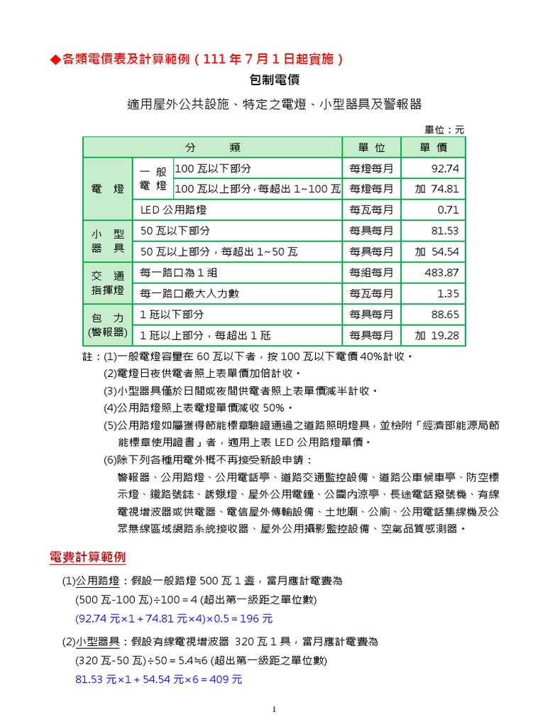 20220928 台電各類電價表及計算範例| PDF