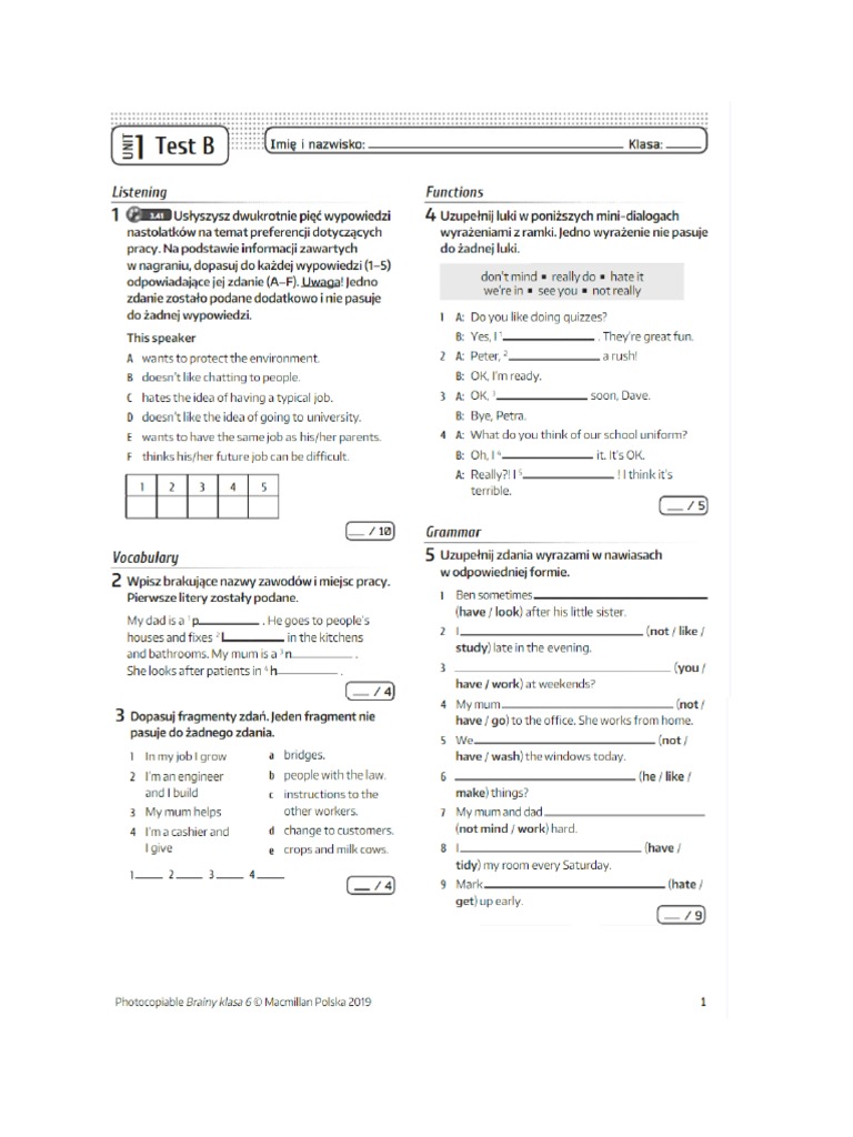 Brainy Klasa 6 Testy Pdf Unit 3 Brainy 6 1B | PDF