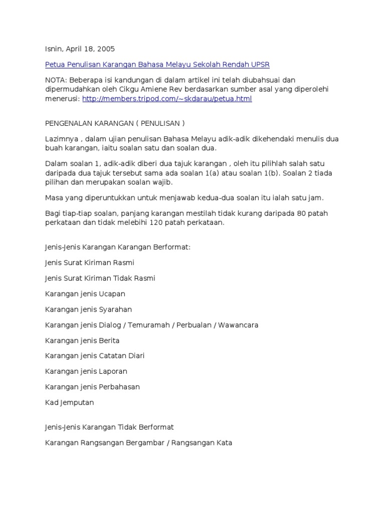 Petua Penulisan Karangan Bahasa Melayu Sekolah Rendah UPSR