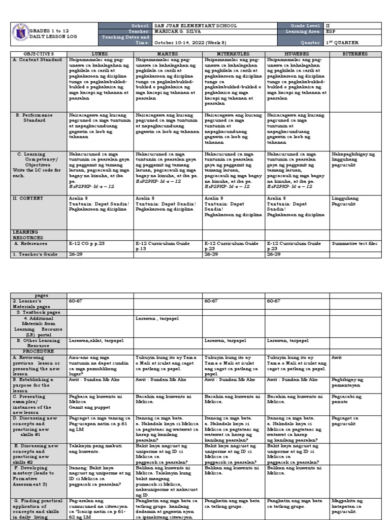 Week 8 DLL Grade 2 Quarter 1 PDF