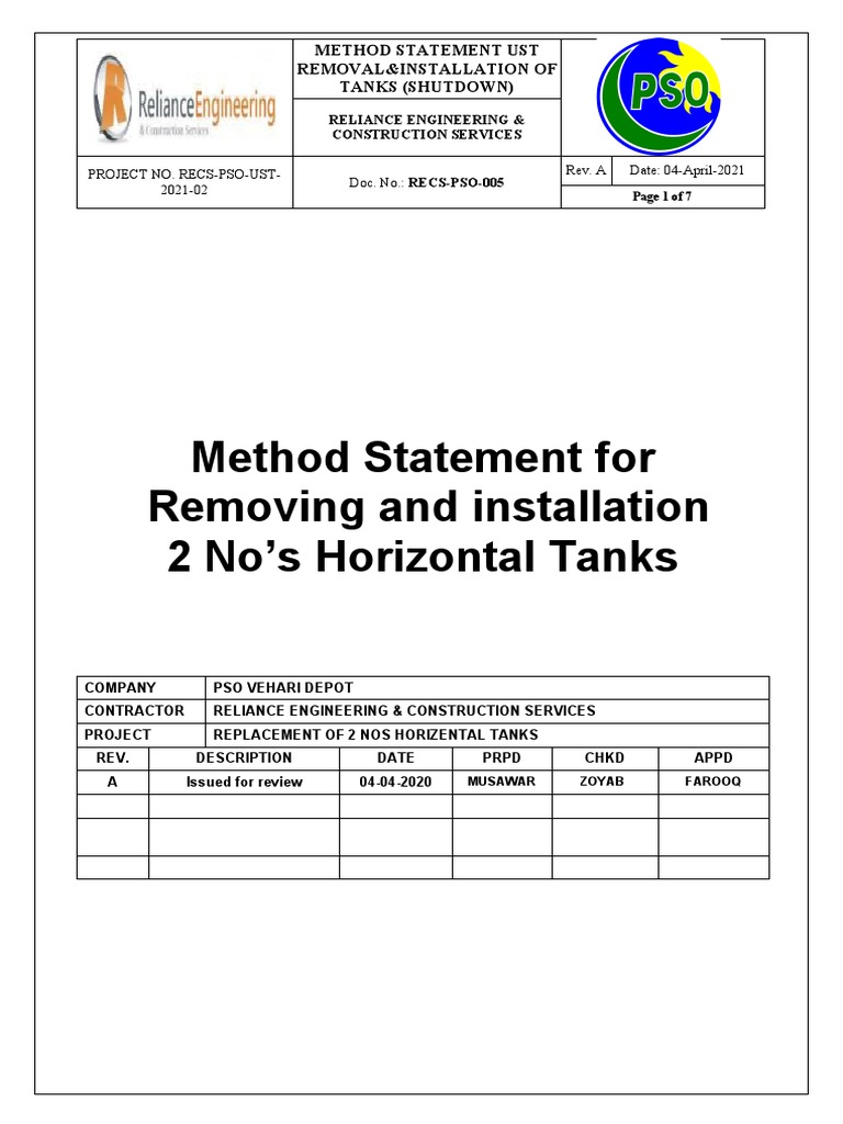Method Statement For Removing and Installation of Tanks & Pipping Work ...