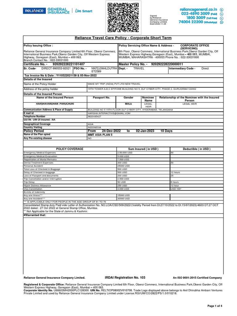 Travel Policy Schedule PDF Insurance Deductible