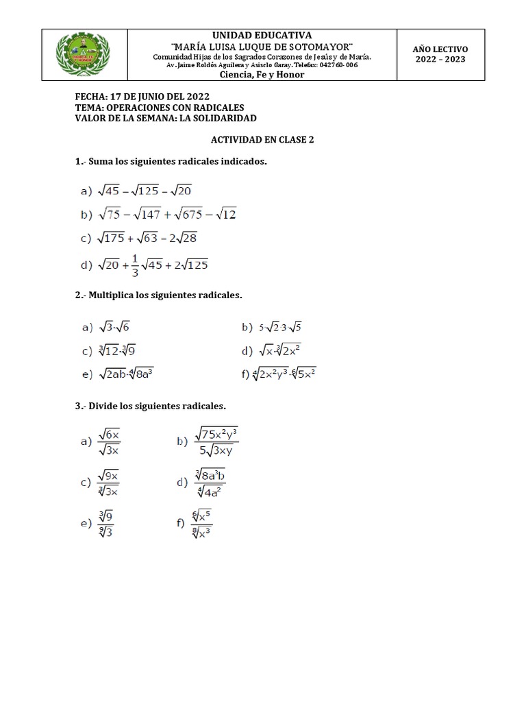 Actividad 2 Operaciones Con Radicales Pdf
