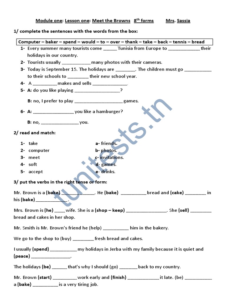 Serie D Exercices 8eme Annee De Base Anglais Mod1 Meet The Browns