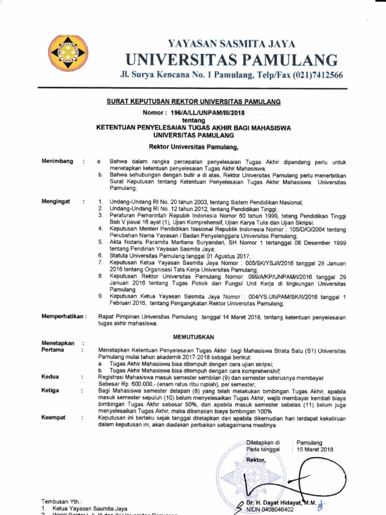 SK Ketentuan Penyelesaian Tugas Akhir UNPAM | PDF