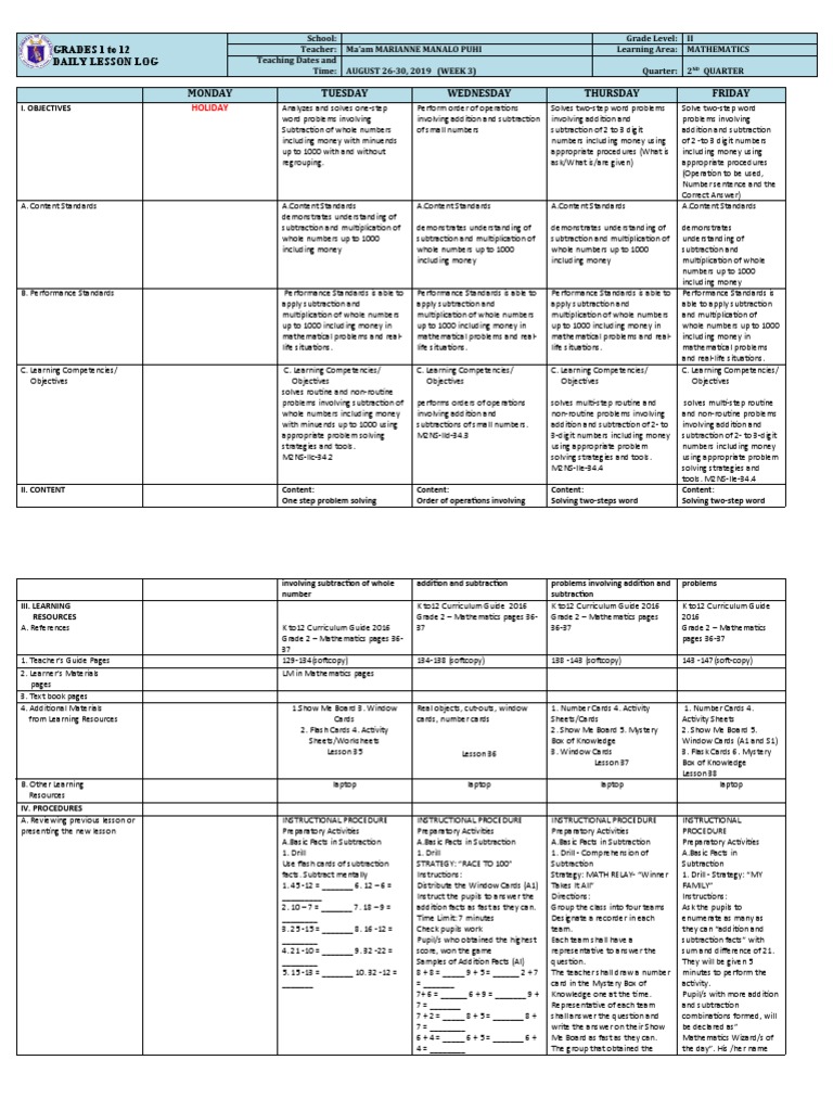 Grade 2 Math: Week 3 Lesson Plan | PDF | Curriculum | Subtraction