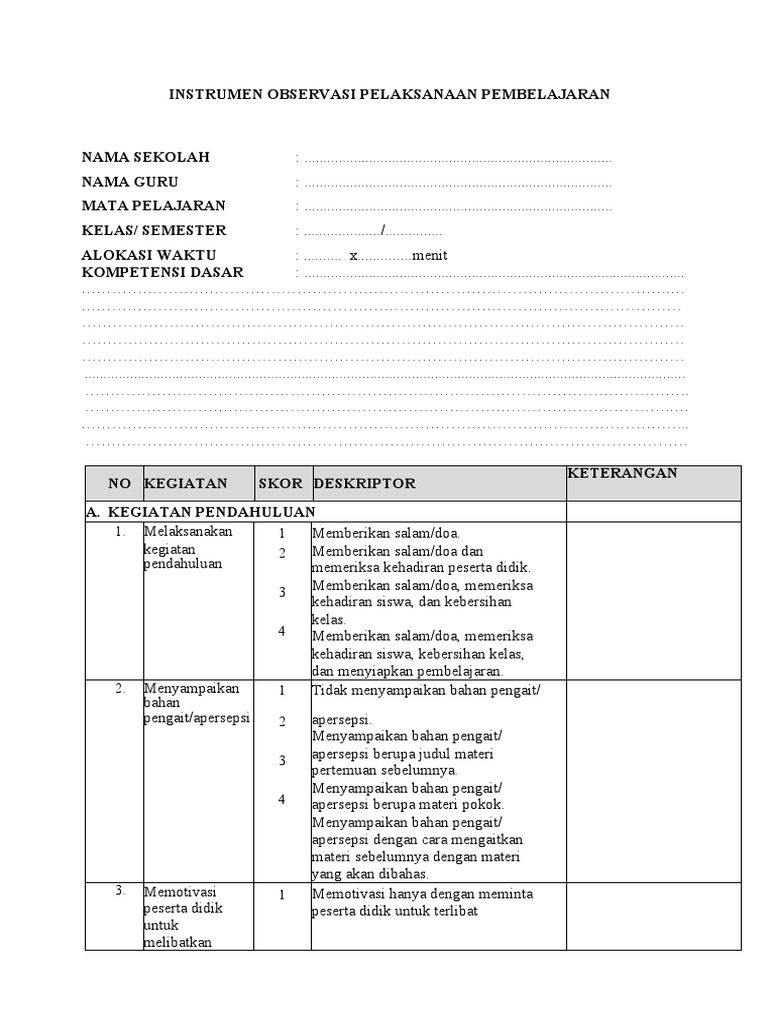 Instrumen Observasi Pembelajaran Siswa | PDF