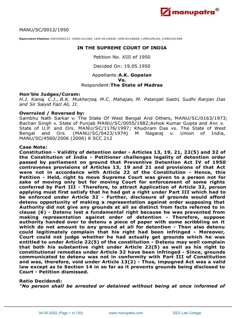 Ak gopalan vs the state of madras 19051950 scs500012com570256 pdf