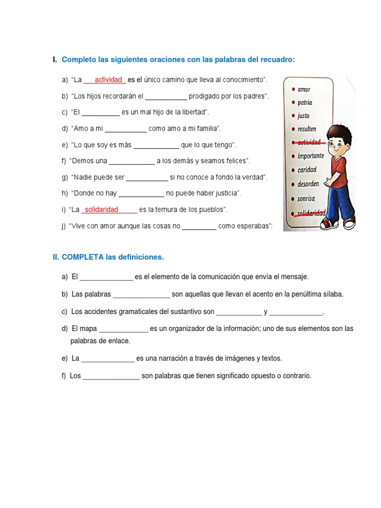 Completa oraciones con palabras del recuadro | PDF
