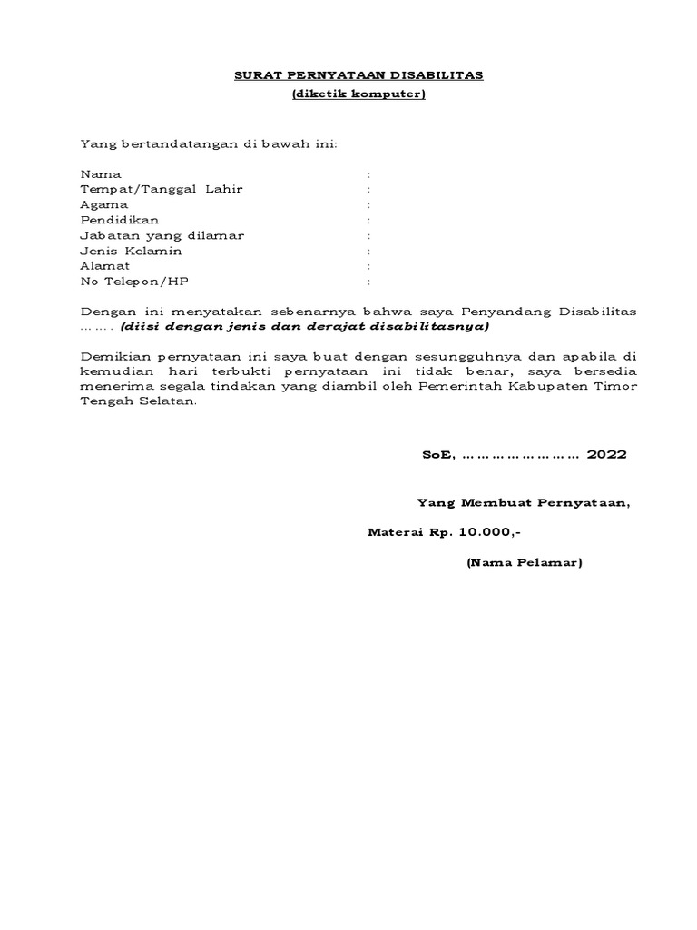 6.lampiran Surat Pernyataan Diasbilitas | PDF