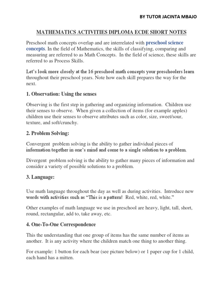 Mathematics Activities Diploma Ecde Short Notes | PDF | Teaching ...