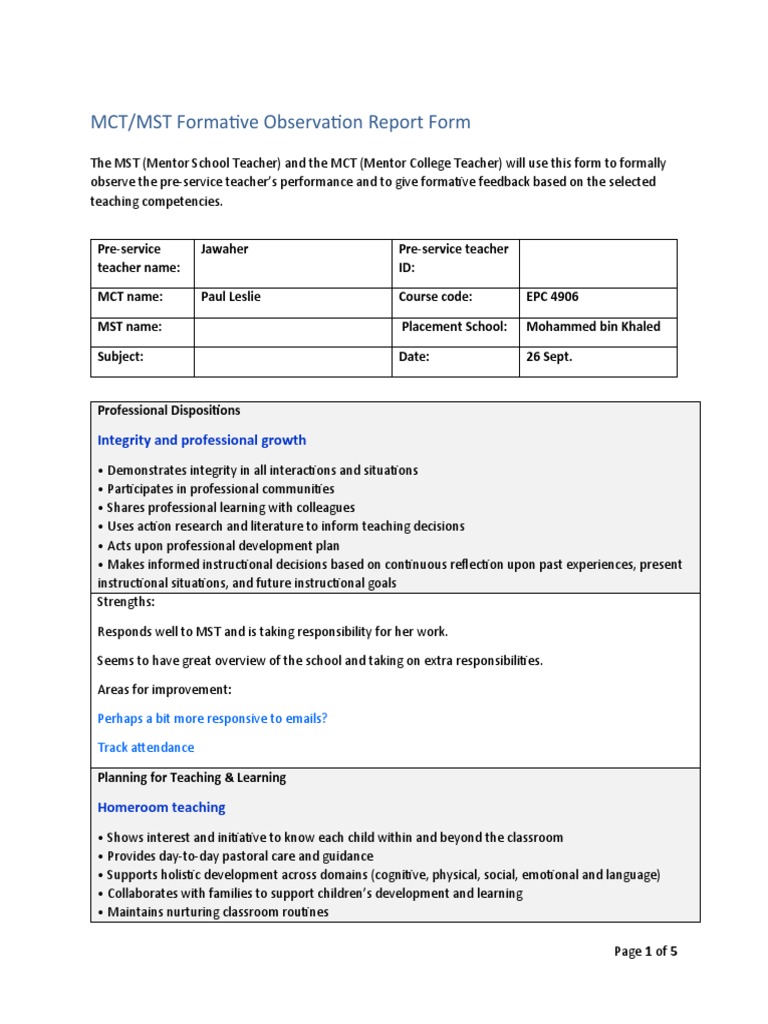 MCT/MST Teacher Observation Report | PDF | Learning | Teaching Method