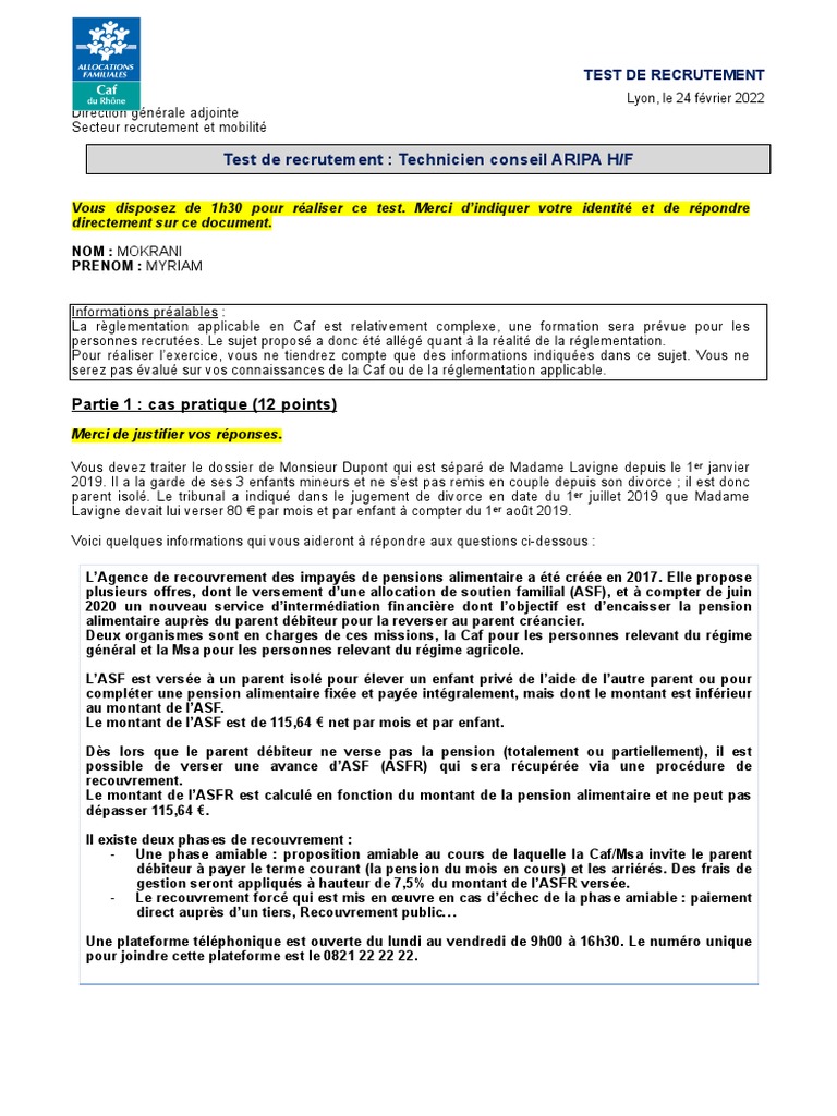 Test de Recrutement Technicien CAF | PDF