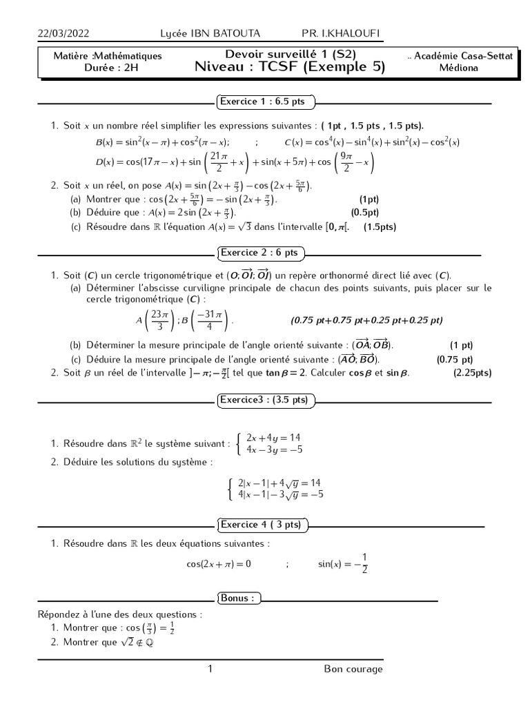 Devoir Surveillé Maths TCSF | PDF | Mathématiques | Mathématiques ...