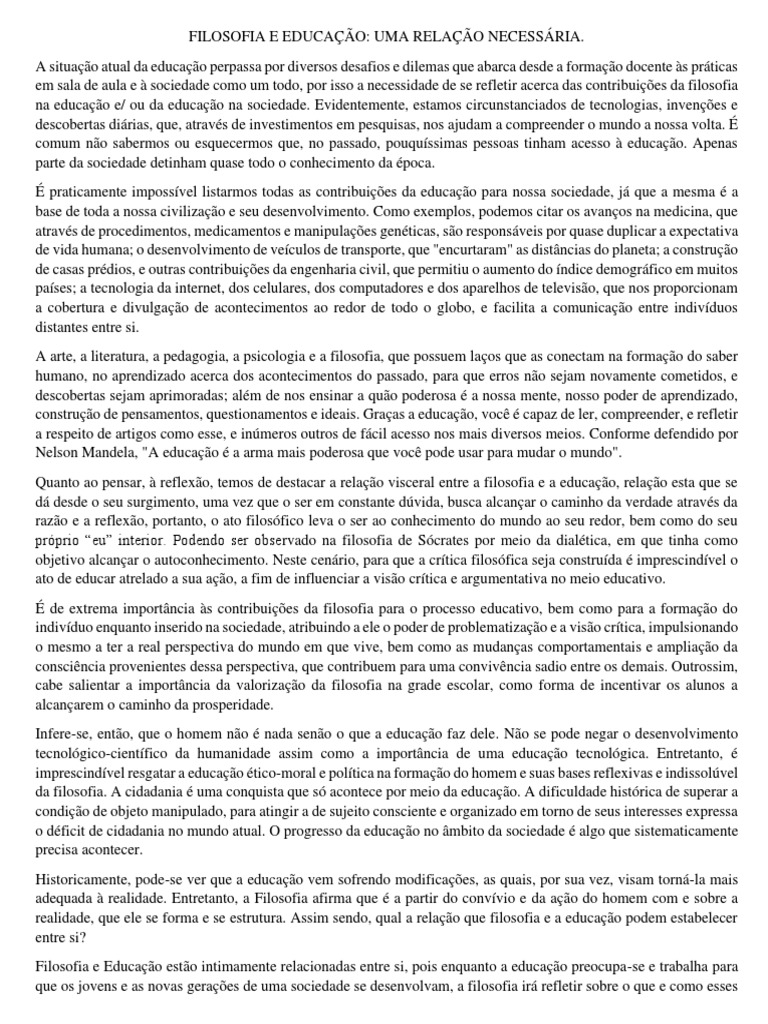 Relação Entre Filosofia e Educação | PDF | Pedagogia | Conhecimento