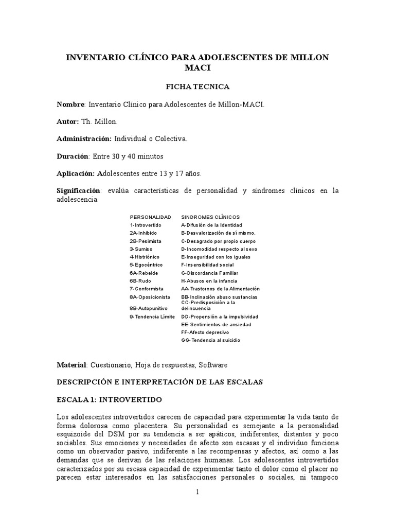 Inventario Clínico para Adolescentes de Millon-MACI | PDF | Suicidio ...