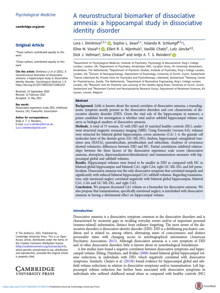 A Neurostructural Biomarker of Dissociative Amnesia A Hippocampal Study ...