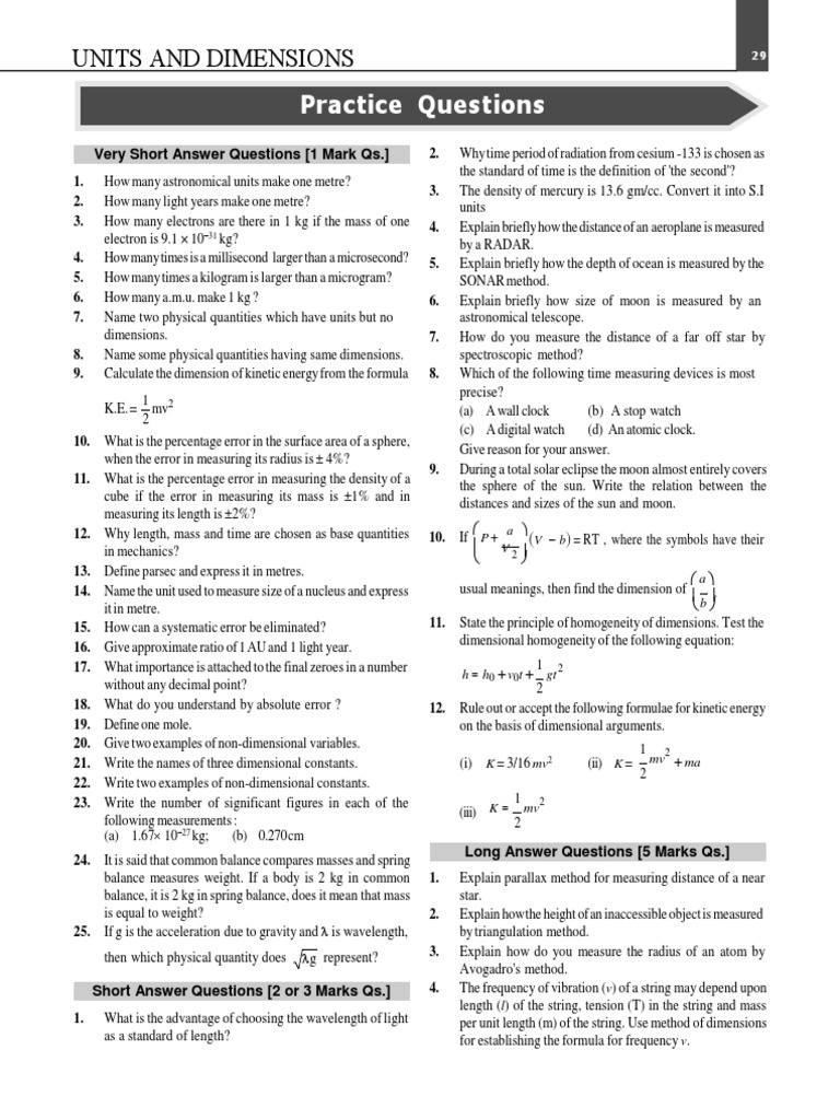 Units and Dimensions (Practice Questions) PDF