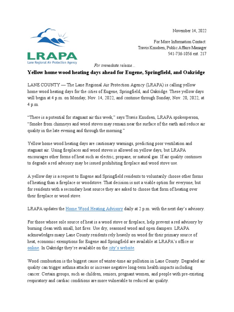 11142022 YELLOW Home Wood Heating Advisory For Eugene and Springfield