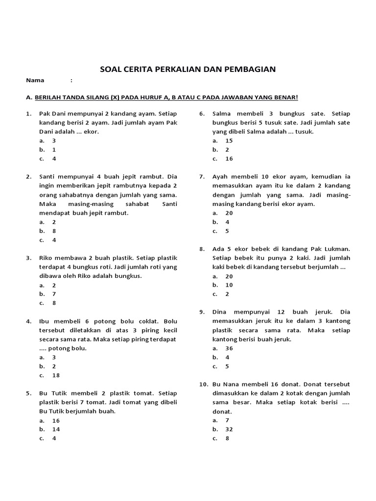 Soal Cerita Perkalian Dan Pembagian Kelas 2 Pdf