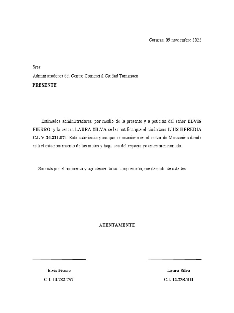 Carta de Autorizacion Puesto de Estacionamiento | PDF