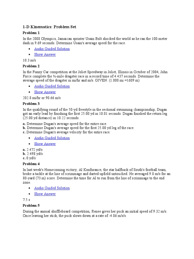 Kinematics Problem Set Solutions | PDF | Force | Takeoff
