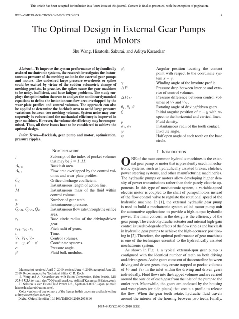 The Optimal Design in External Gear Pumps and Motors PDF Maxima And