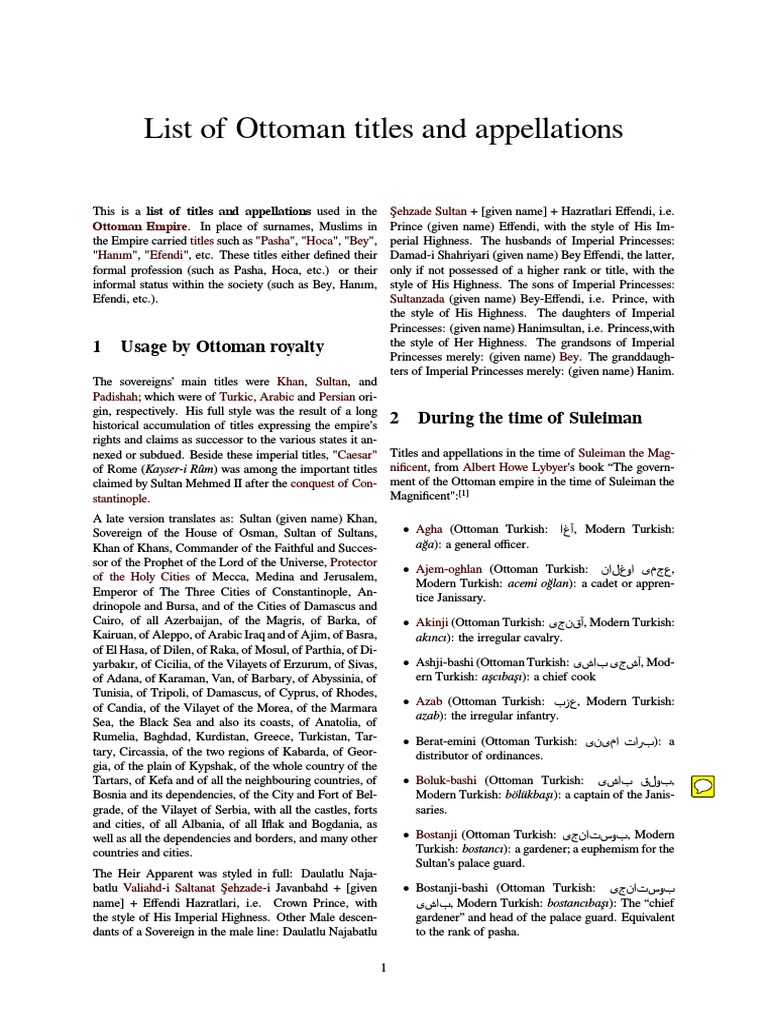 List of Ottoman Titles and Appellations PDF Sultan Ottoman Empire