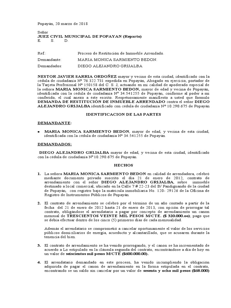 Demanda Restitucion de Inmueble | PDF | Ley común | Justicia