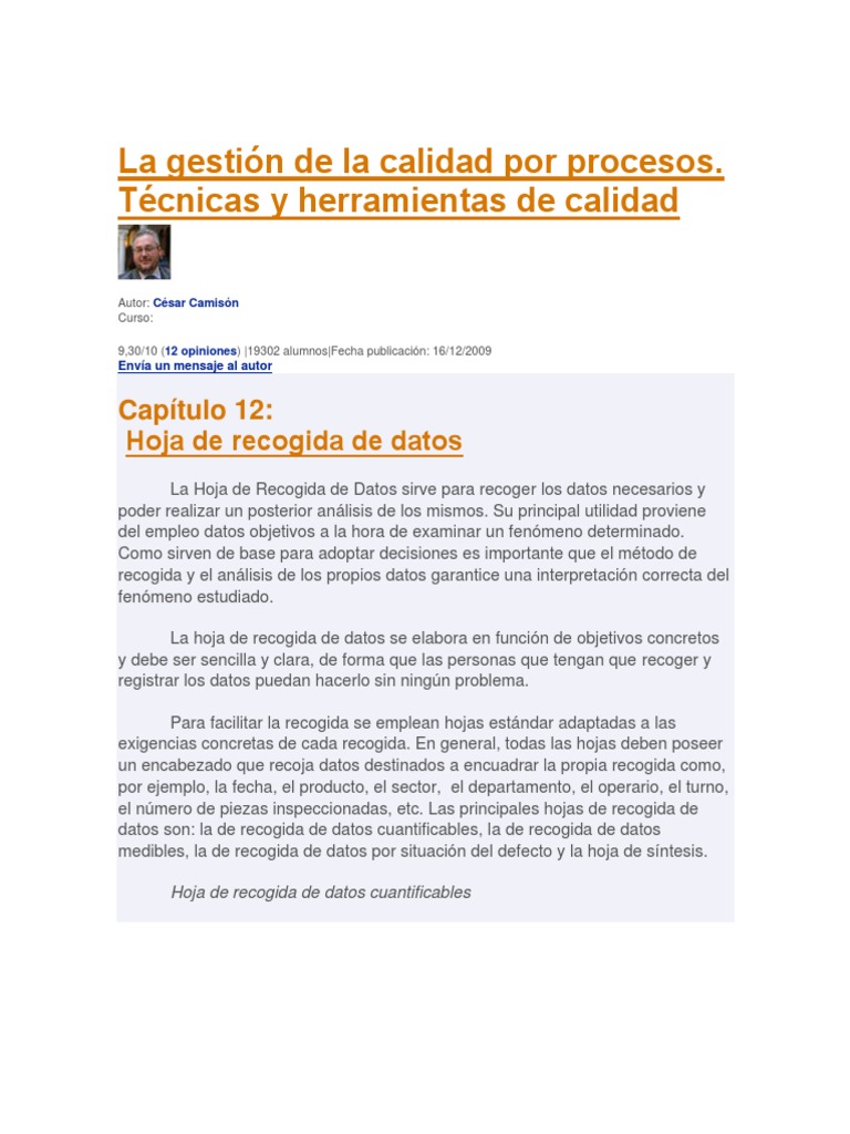 Hoja De Recogida De Datos Control De Calidad Pdf