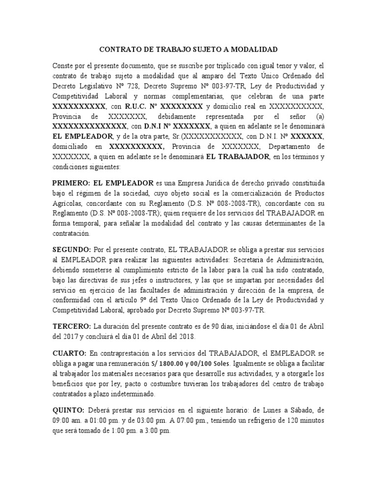 Modelo de Contrato de Trabajo Sujeto A Modalidad Remype PDF