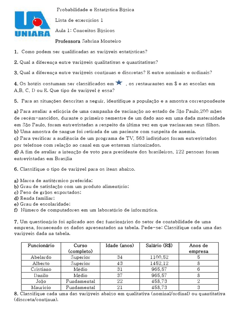 Lista de exerc cios sobre vari veis estat sticas e seus tipos para a