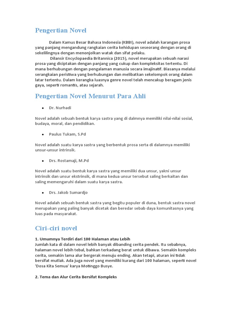 Pengertian Novel dan Ciri-Ciri Utama Karya Sastra Prosa Panjang | PDF