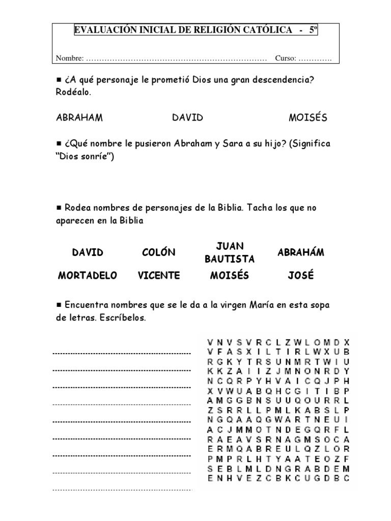 Evaluación inicial de Religión Católica para 5º de Ed. Primaria