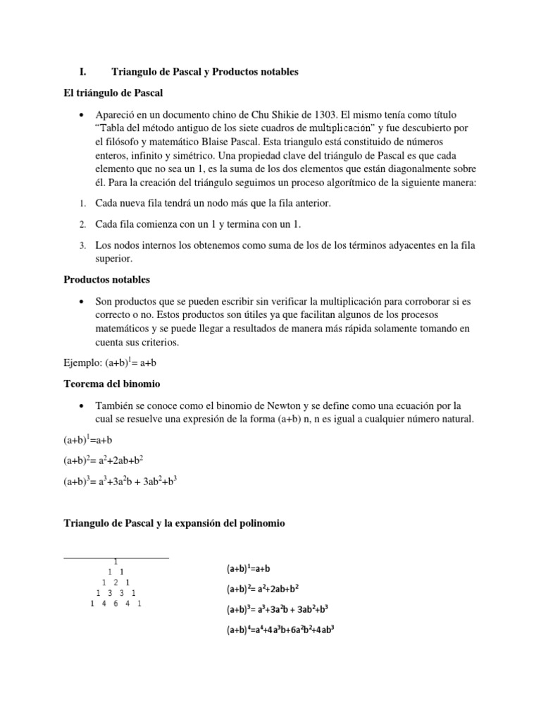 Triángulo de Pascal y Productos Notables | PDF