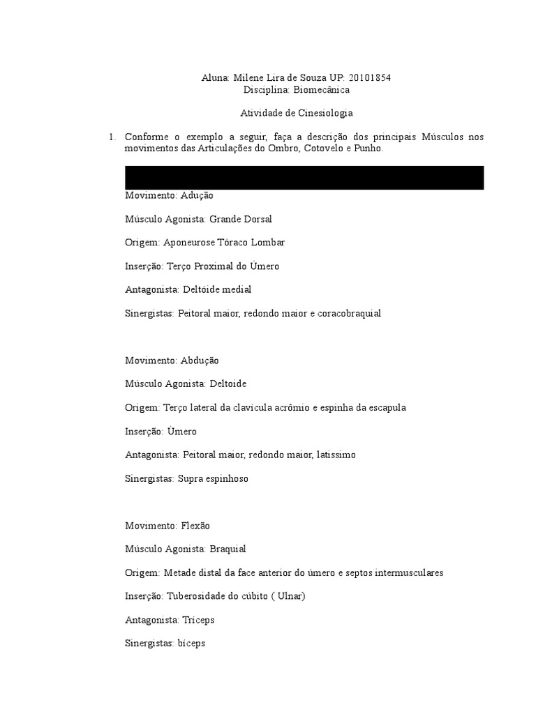 Atividade de Cinsesiologia-1 Milene | PDF | Cotovelo | Sistema Esquelético