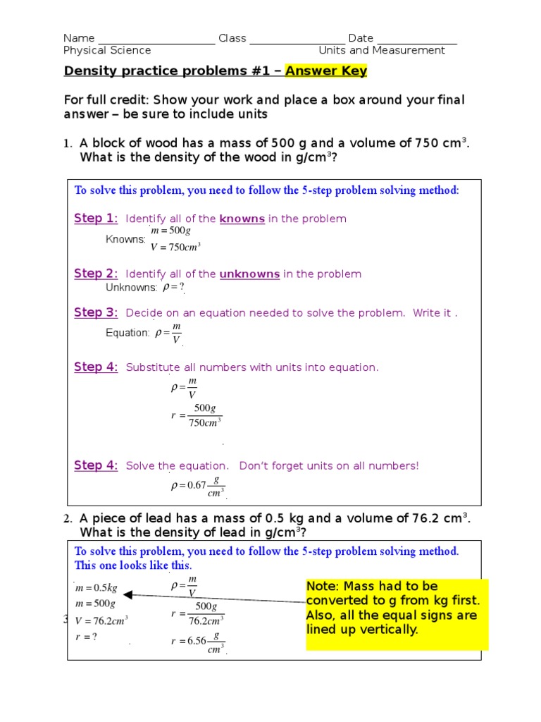 Density Practice Problems 21.key  PDF  Density  Equations For Density Problems Worksheet With Answers