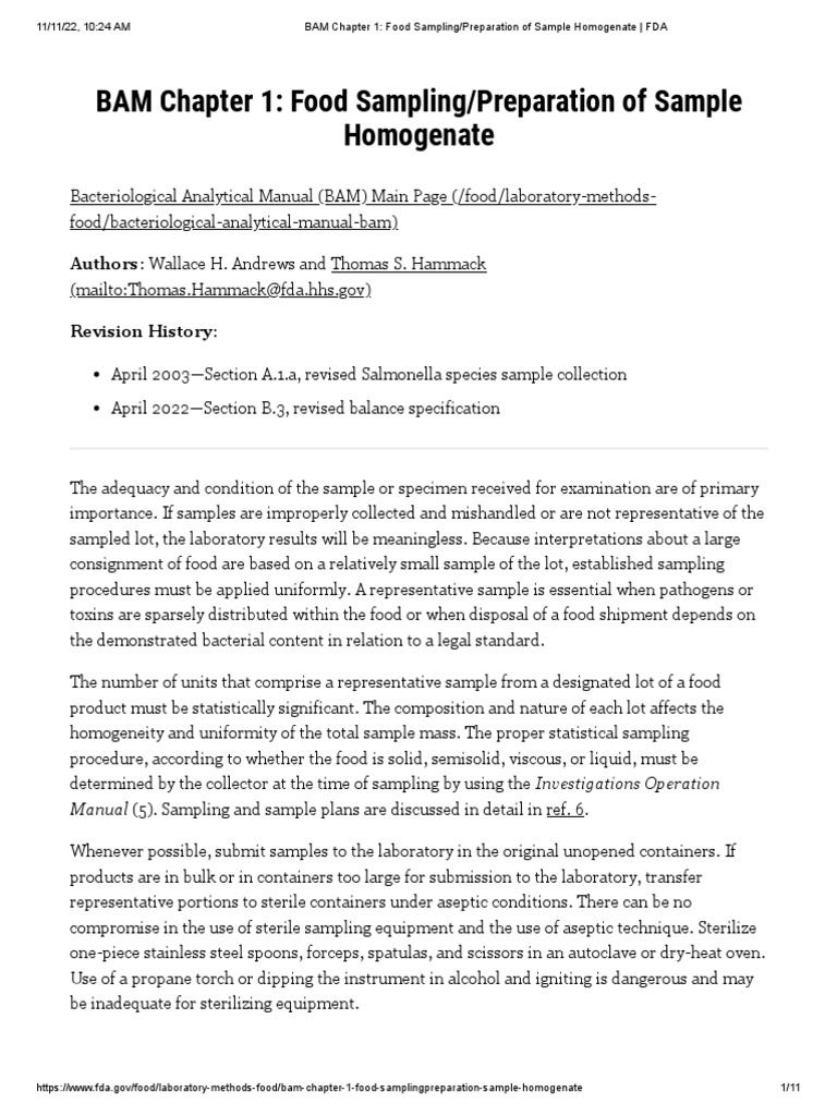 BAM Chapter 1 Food Sampling Preparation of Sample Homogenate FDA PDF Fruit Preserves