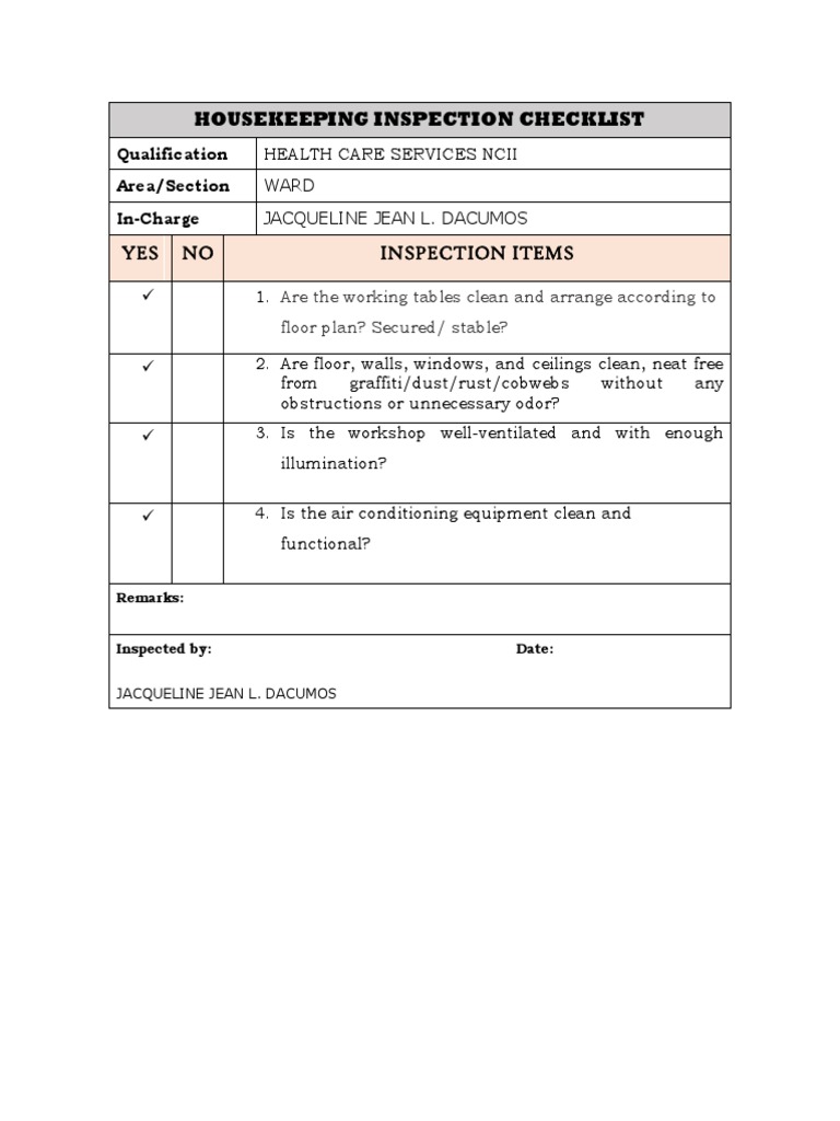 Housekeeping Inspection Checklist PDF