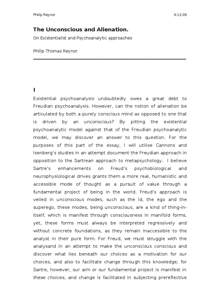 Existential vs. Freudian Alienation Analysis | PDF | Unconscious Mind ...